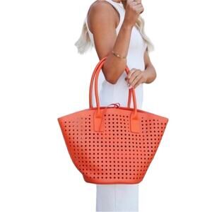 MODA LUXE Orange Vegan Leather Tote Bag Canvas Pouch Resort Boho Preppy Cottage